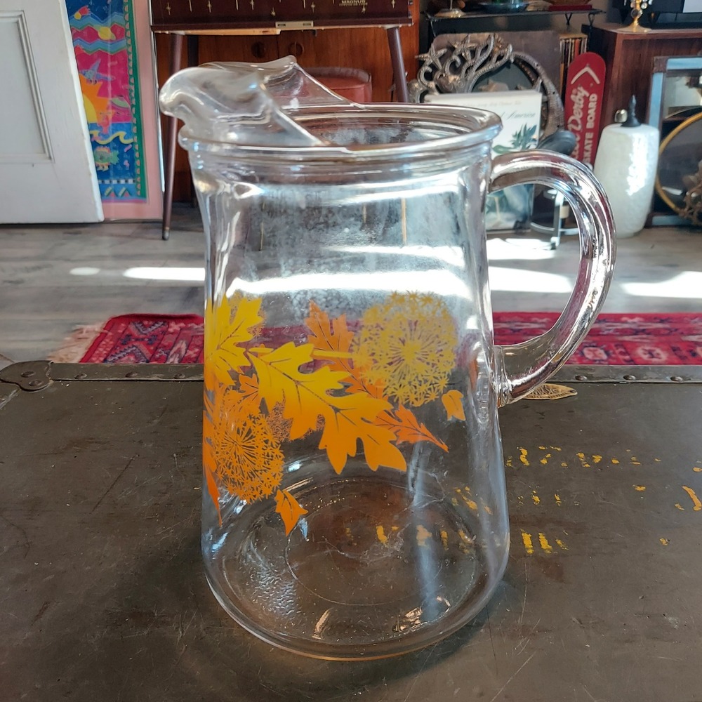 Vintage Mid Century Glass Pitcher Autumn Oak Leaves Dandelion Yellow Orange 9in